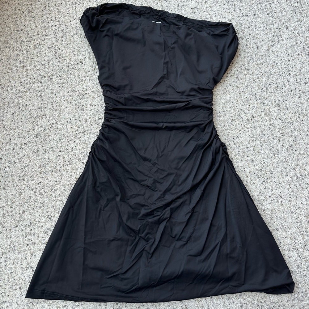 Black Off-Shoulder Mini Dress Women’s Small, Flared at Bottom, Sleeves, Ruched